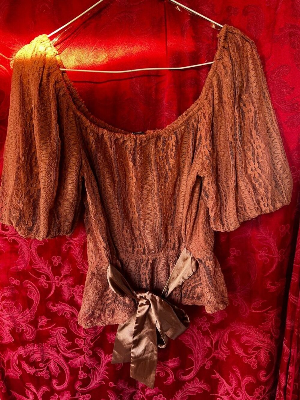 Haute Monde Rust Orange Lace Off-The-Shoulder Peplum Top with Satin Bow - Size S